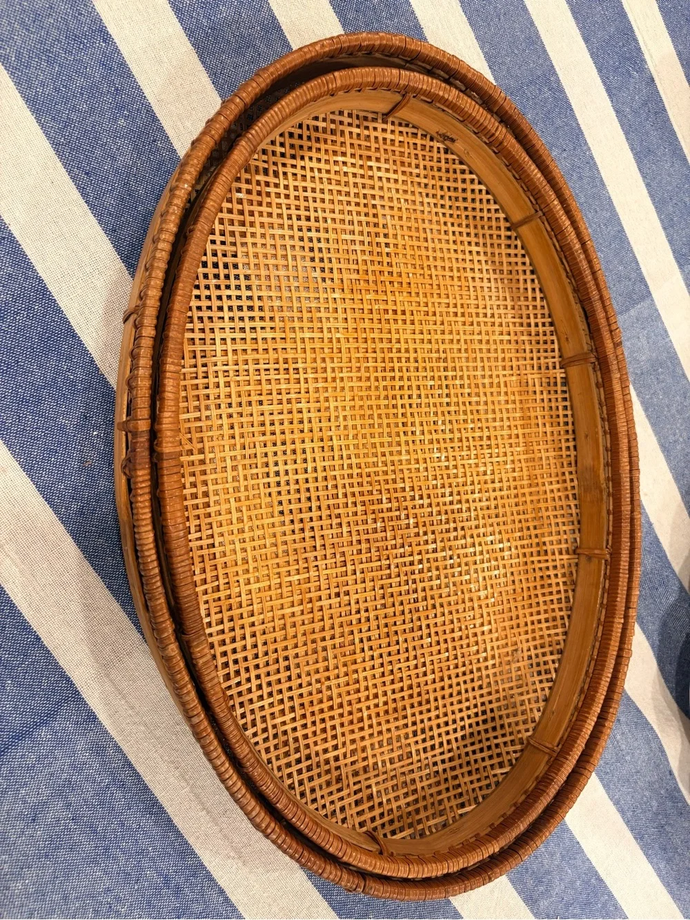 Vintage Bamboo Rattan Oval Nesting Trays Set of 2 Boho Coastal